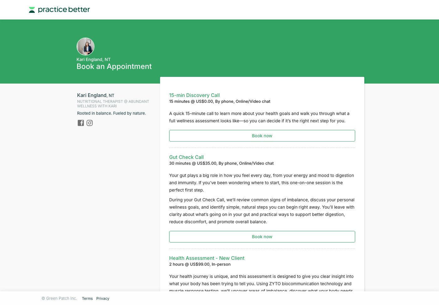 The live Practice Better scheduler for Kari England, NT: 15-min Discovery Call, Gut Check Call, and Health Assessment, each with a Book now button
