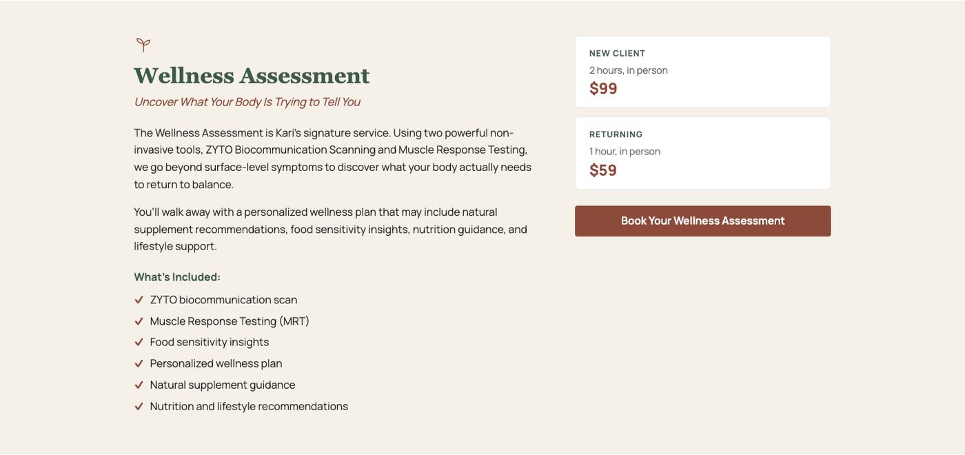 The Wellness Assessment service card on abundantwellness.us: what’s included, new client $99, returning $59, and a Book Your Wellness Assessment button