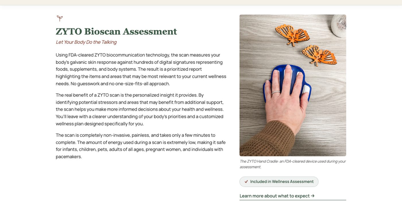 The ZYTO Bioscan Assessment section: a hand resting on the blue ZYTO Hand Cradle, with the writeup explaining the scan