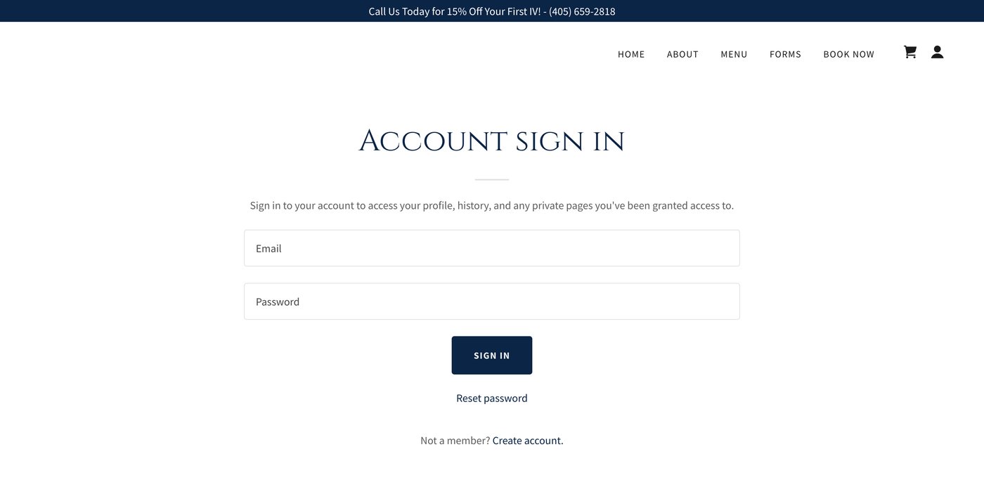 The Account sign in page on ivleaguehydrationok.com: email and password fields, a Sign In button, and a Create account link