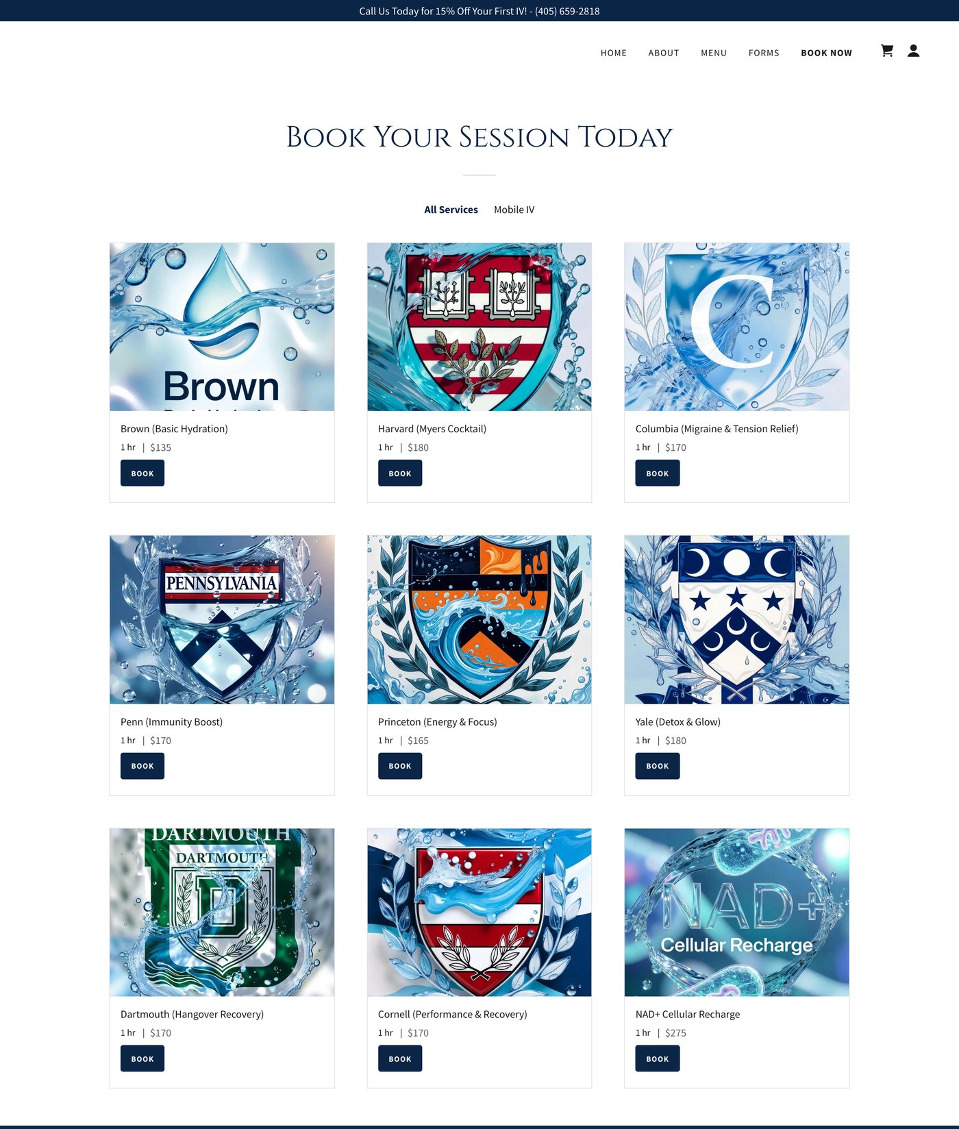 Book Your Session Today: nine drips with collegiate crest artwork, each card showing 1 hr, its price, and a Book button