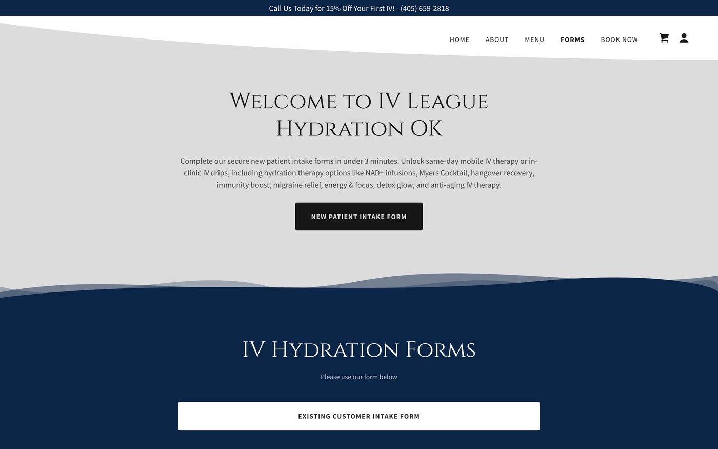The Forms page: a New Patient Intake Form button and an Existing Customer Intake Form button
