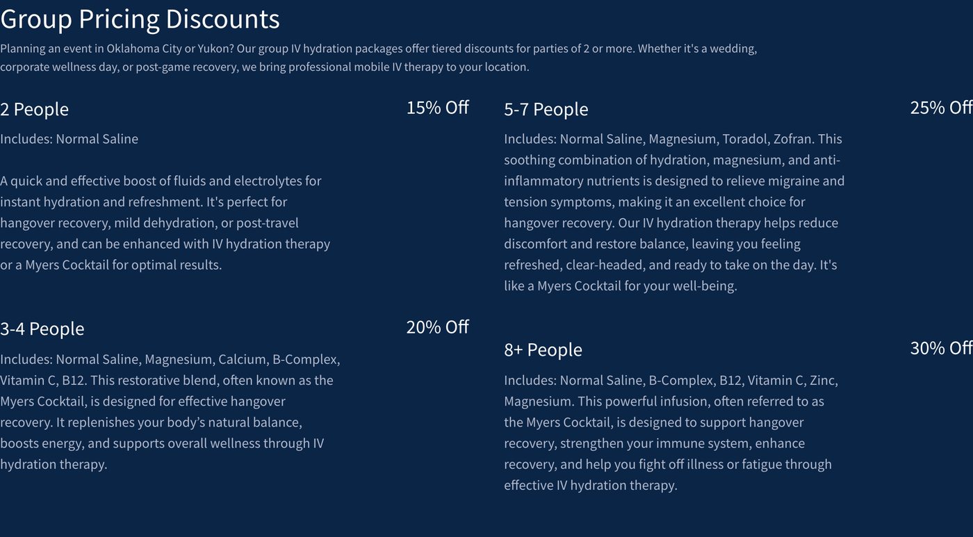 Group Pricing Discounts: 2 people 15% off, 3 to 4 people 20% off, 5 to 7 people 25% off, 8 or more people 30% off