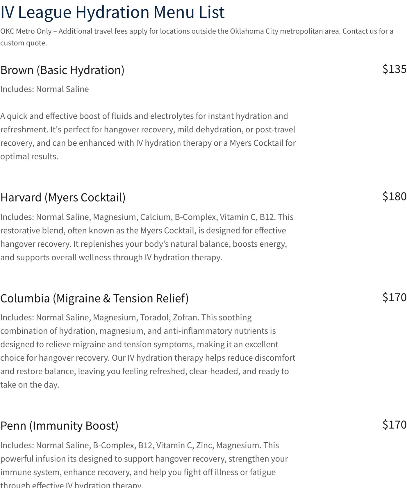 The IV League Hydration menu list: Brown Basic Hydration $135, Harvard Myers Cocktail $180, Columbia Migraine and Tension Relief $170, Penn Immunity Boost $170, each with its ingredients
