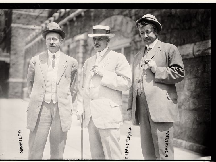 Three men standing in suits, their names handwritten vertically beneath each figure. Library of Congress ggbain.07109.