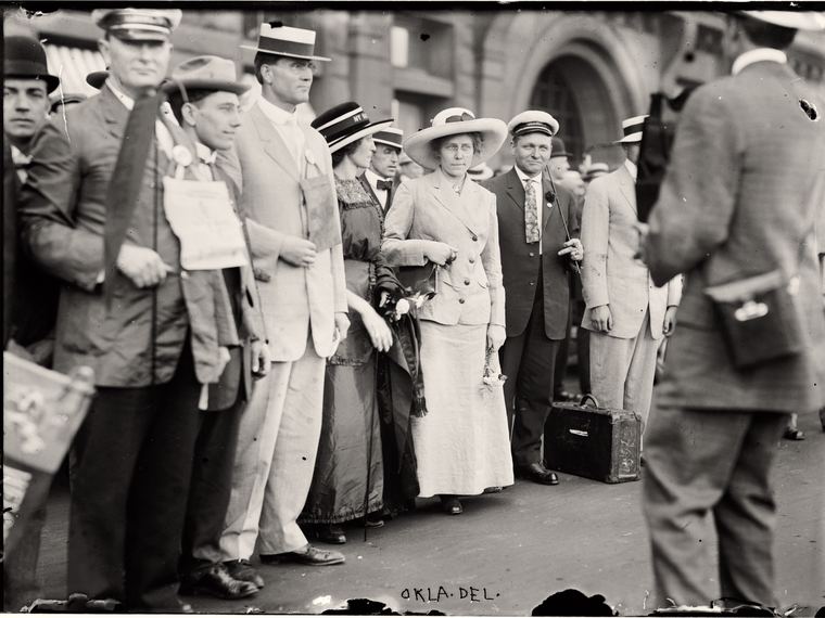 A delegation photographed from above, OKLA. DEL. handwritten along the bottom edge. Library of Congress ggbain.10576.