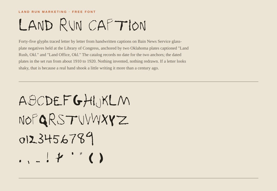 The top of the Land Run Caption specimen sheet: the headline set in the font, the description of where the letters came from, and the full 45 character alphabet
