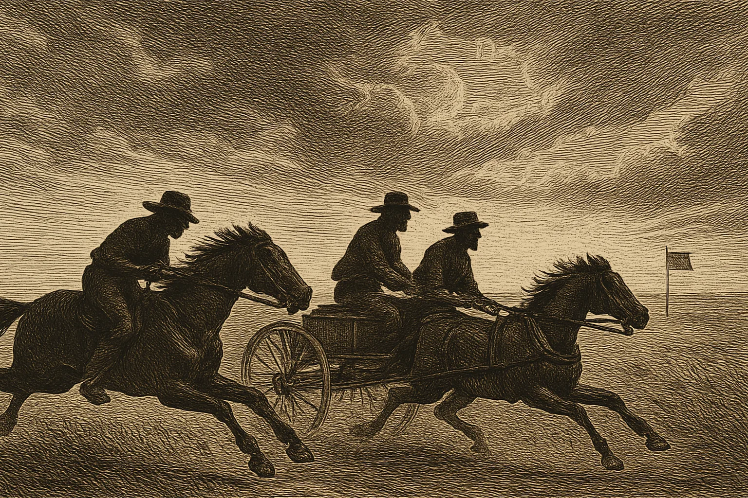 A rider and a loaded wagon at full gallop across the prairie toward a claim flag on the horizon, 1889