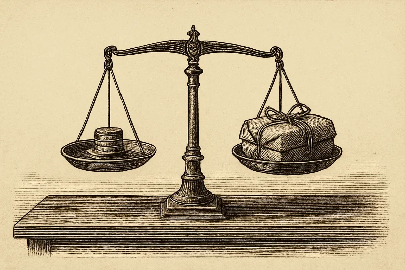 19th-century engraving of a merchant weighing goods on a balance scale