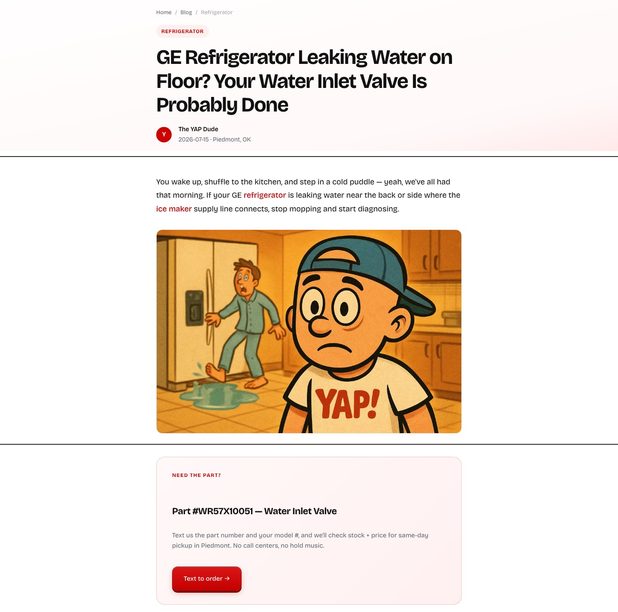 Three windows into one published post: the headline, the mascot art, and the part card it sells.