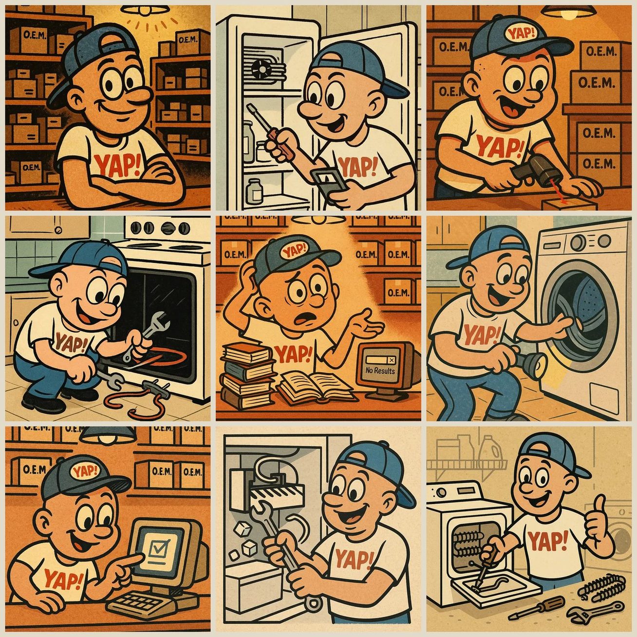 Nine scenes of the YAP mascot, all from the tool Land Run built. 700+ made so far.
