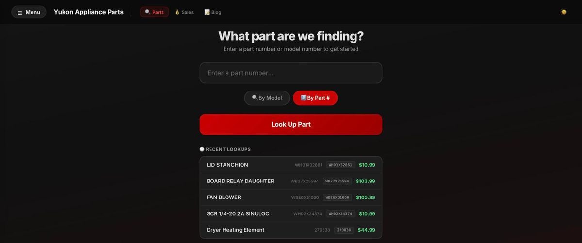The parts lookup. Recent finds with real prices.